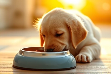 Happy puppy eating from elevated dog bowl.