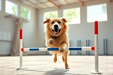 Golden retriever agility training, happy dog jumping hurdle