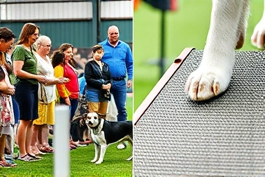 Dog agility training class, owners watching, dog paws on ramp