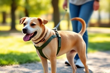Dog and owner enjoying a peaceful walk with an anti-pull harness.