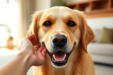 Owner comforts dog with atopy