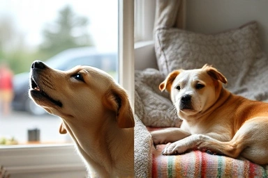 Dog stress vs. comfort, symbolizing solutions