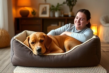 Calm dog resting, happy owner, successful training.