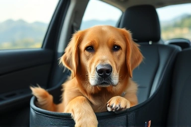 Calm dog in car seat, avoiding car sickness.