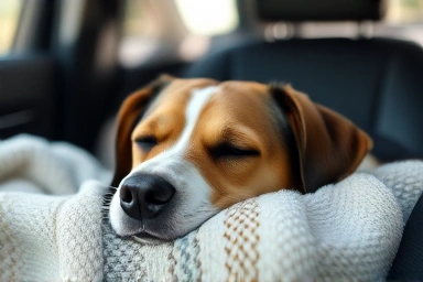 Dog resting comfortably in a car, peaceful journey.