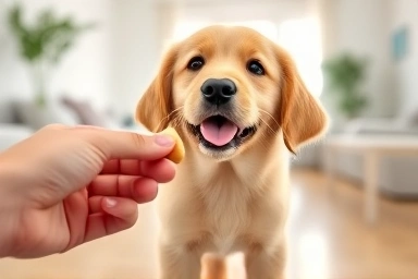Happy dog learning with clicker and treat