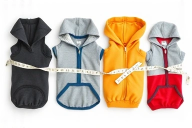 Dog clothes and measuring tape, symbolizing size accuracy.