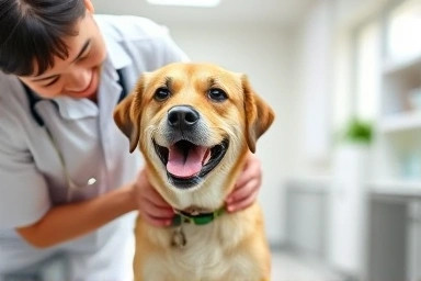 Veterinarian examining a healthy dog in clinic