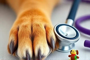 Dog paw, stethoscope, and toy symbolizing pet health