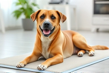 Happy dog relaxing on a cool mat indoors.
