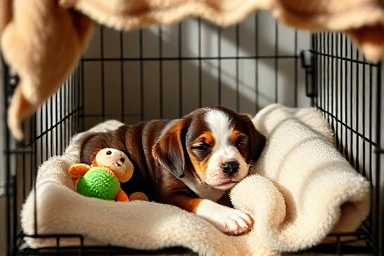 Happy puppy sleeping peacefully in a comfortable dog crate.