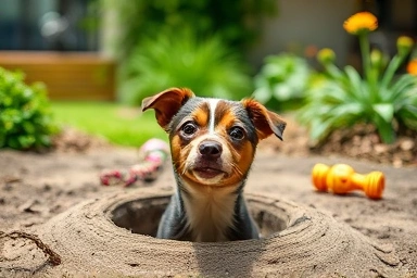 Dog digging a small hole in garden, looking curious