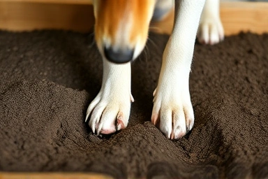 Dog's paws patting soil in a digging box, content expression
