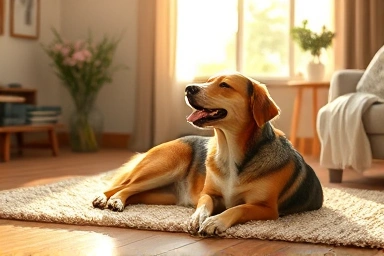 Happy dog lying down, owner and dog bonding