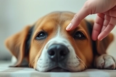 Dog's trusting eyes, gentle training, calm demeanor