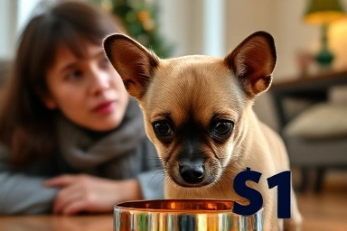 Dog frantically eating, owner observing with concern