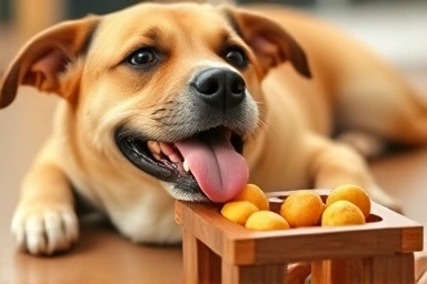 Dog playing with puzzle feeder, focused and happy