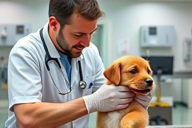 Veterinarian caring for a puppy in an emergency room.