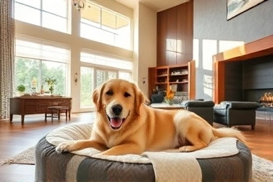 Happy dog relaxing in a luxurious private villa.