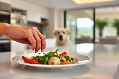 Healthy meal preparation in a dog-friendly villa kitchen.