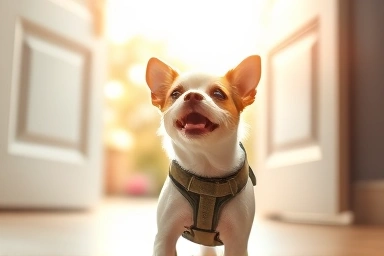 Happy dog in harness ready for walk