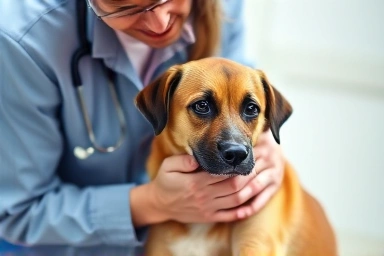 Veterinarian providing care and expert advice to a dog owner.