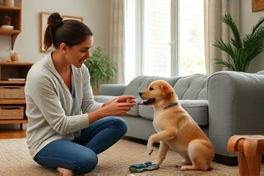 Dog trainer teaching puppy and owner in a home.