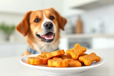 Happy dog with healthy homemade chicken and sweet potato treats.
