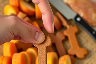 Preparing fresh chicken and sweet potato for homemade dog treats.