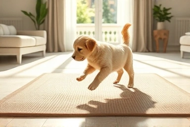 Golden retriever puppy on a safe, shock-absorbent floor mat.
