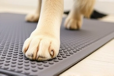 Close-up of dog paw on non-slip, textured prevention mat.
