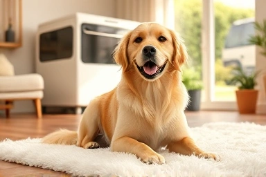 Happy, clean Golden Retriever dog in cozy living room