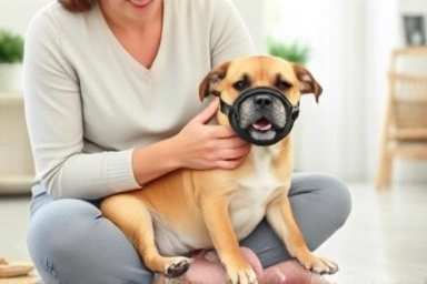 Dog owner positively training dog with muzzle and treats.