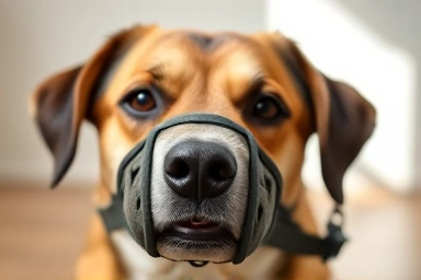 Close-up of a calm dog wearing a comfortable muzzle.