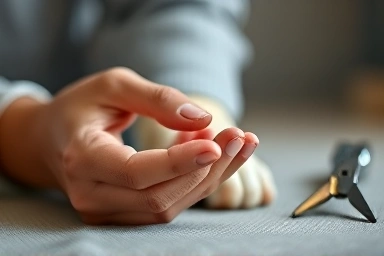 Owner gently touching puppy's paw, symbolizing trust.
