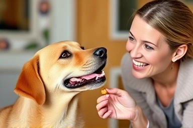 Happy dog responding to owner's call with treat