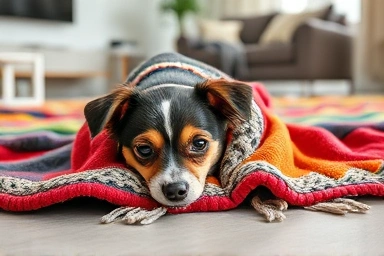 Dog happily using a nosework blanket for mental stimulation.