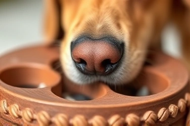 Dog's nose exploring intricate nosework toy compartments