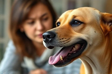 Worried owner observes distressed dog panting heavily indoors.
