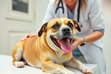 Veterinarian checks dog's gums for warning signs of panting.