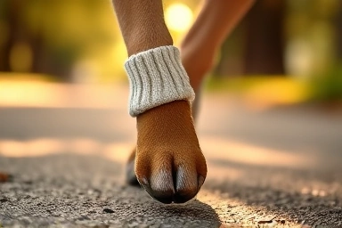 Dog paw being fitted into protective bootie for hot pavement.