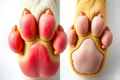 Healthy vs. unprotected dog paw pad comparison.