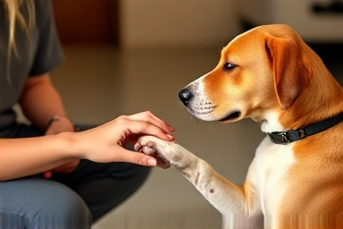 Dog trainer gently touching dog's paw with treat