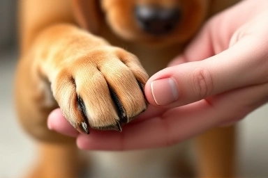 Close-up of human hand gently holding dog's paw