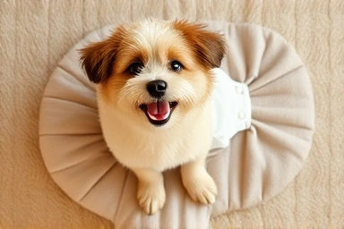 Comfortable dog wearing a sanitary diaper during its heat cycle.