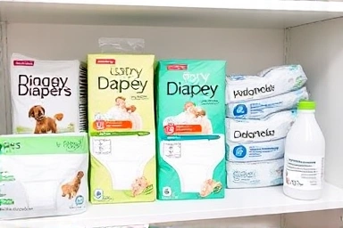 Variety of dog diapers and hygiene products for pet care.
