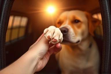 Dog's paw touching hand, symbolizing trust and care.