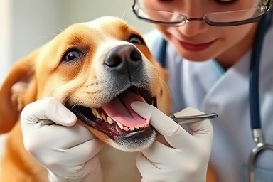 Veterinarian examining dog's healthy teeth with care.