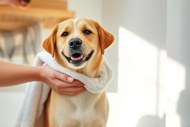 Happy dog after grooming, owner drying with towel.