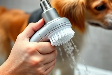 Dog bath brush showerhead, gentle cleaning action.